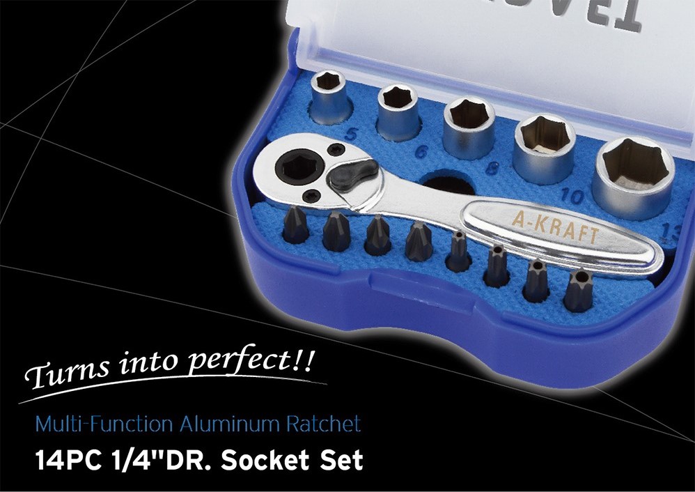 14PC 1/4"DR. Socket Set with Multi-Function Aluminum Ratchet