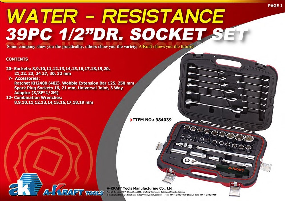 39PC 1/2"DR. Socket Set (Water Resistant)